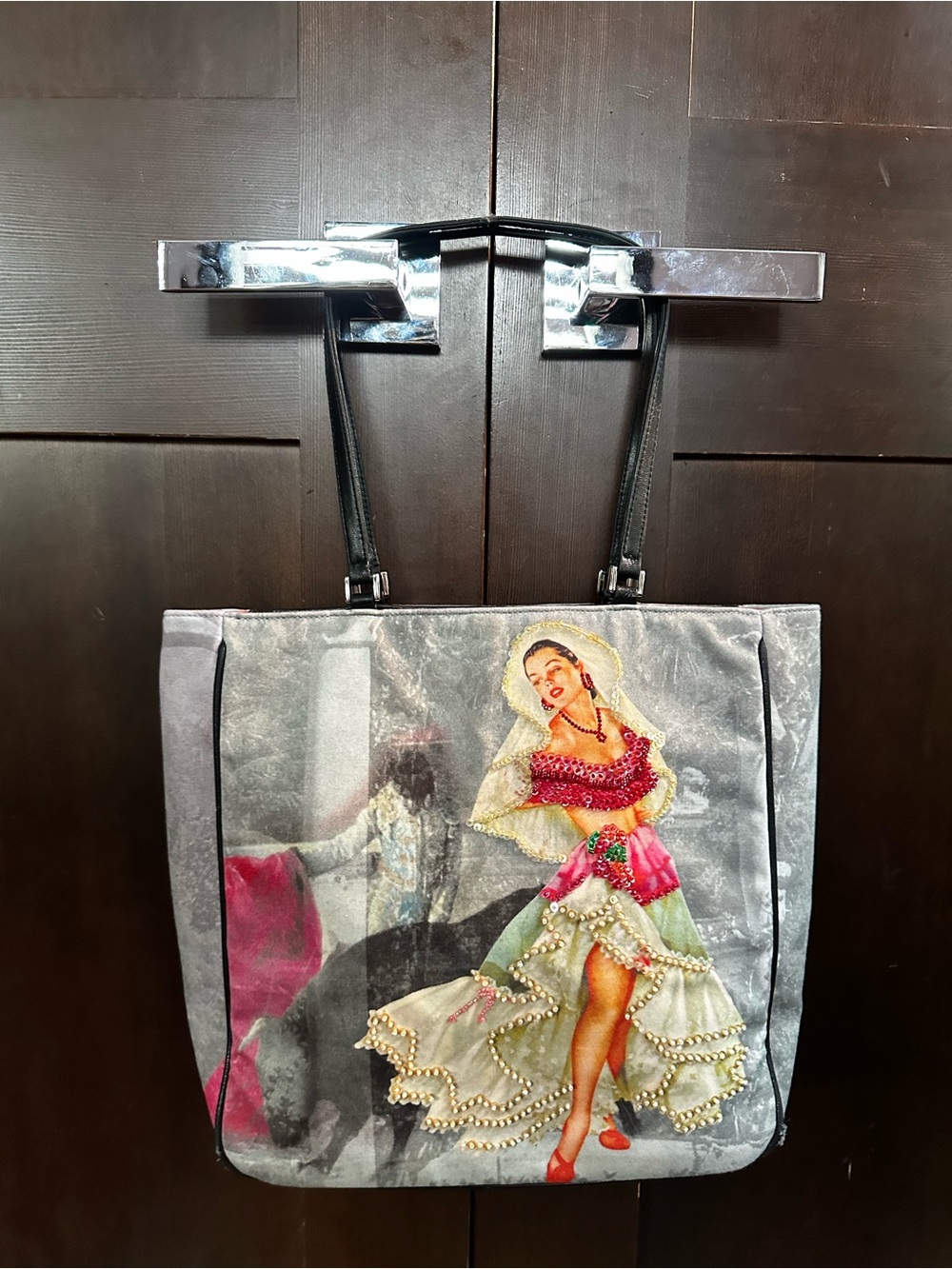 Isabella Fiore Gray Tote with Colorful Dancer Motif and beads